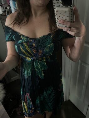 Patrons of Peace Off-Shoulder Tropical Mini Dress in Navy and Green